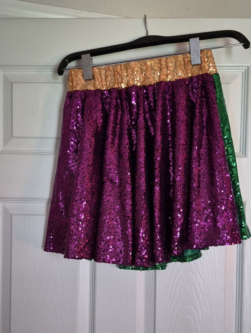 Sequin Mardi Gras Skater Skirt in Purple/Green with Gold Waistband Accent!